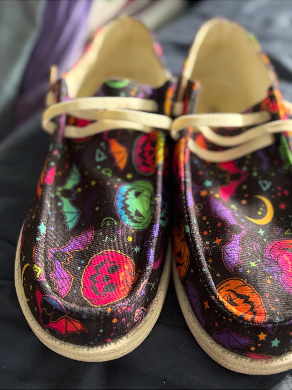 Women’s Halloween Print Casual Shoes - Black with Neon Pumpkin Pattern